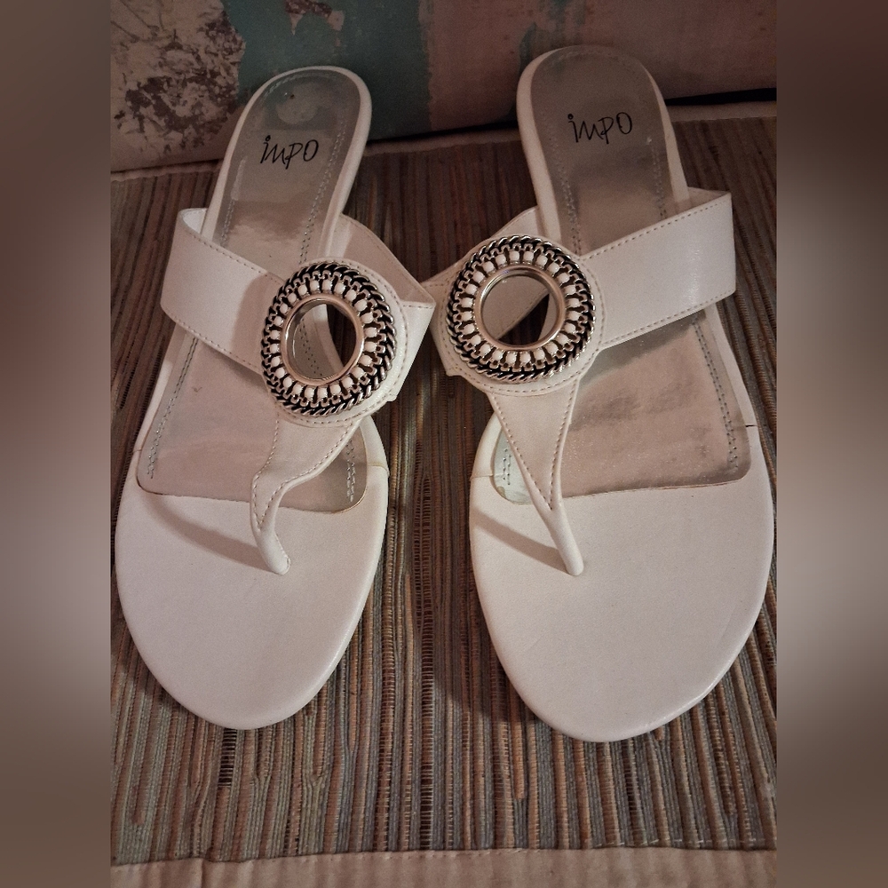Impo White Thong Sandals with Decorative Silver Medallions